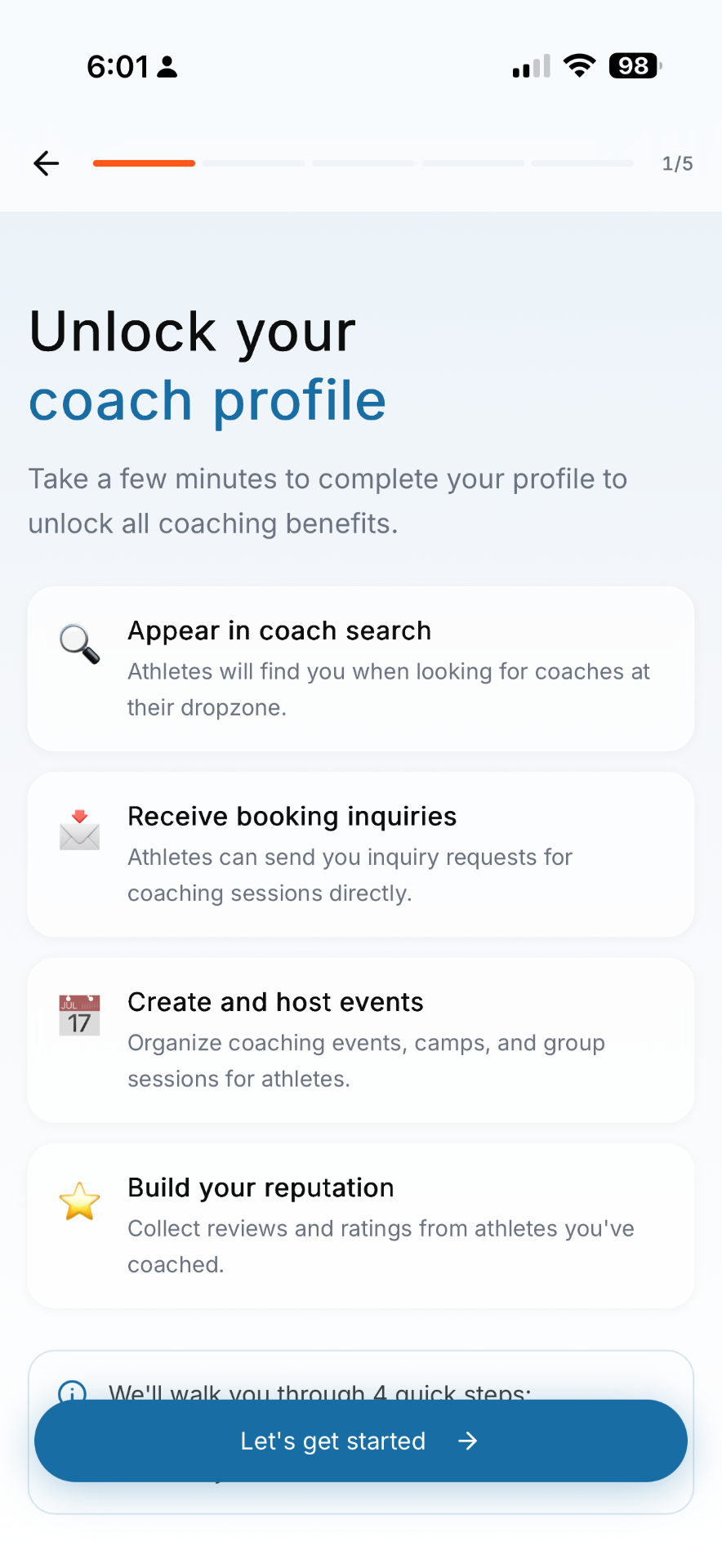 PeakX coach profile onboarding screen