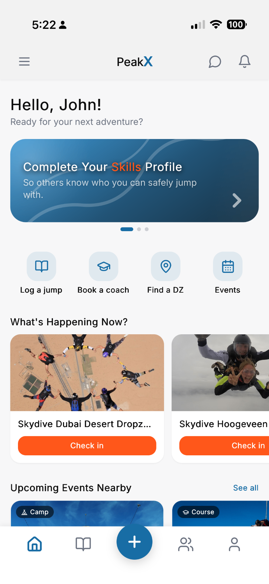 PeakX app home screen showing jump actions and dropzone activity